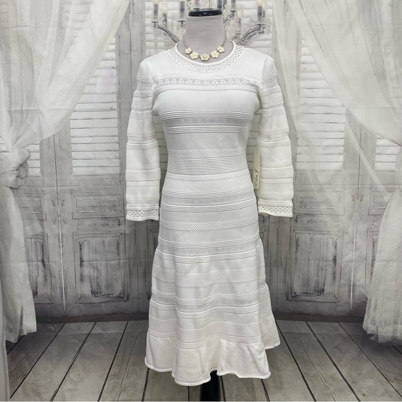 Eliza J Size Small White Pointelle Ruffle Hem Sweater Dress Sleeves Fit & Flare - Picture 1 of 8